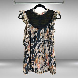 Sugarlips Ruffle Sleeveless Sheer, Lined Blouse Covered Buttons Mesh Lace Collar